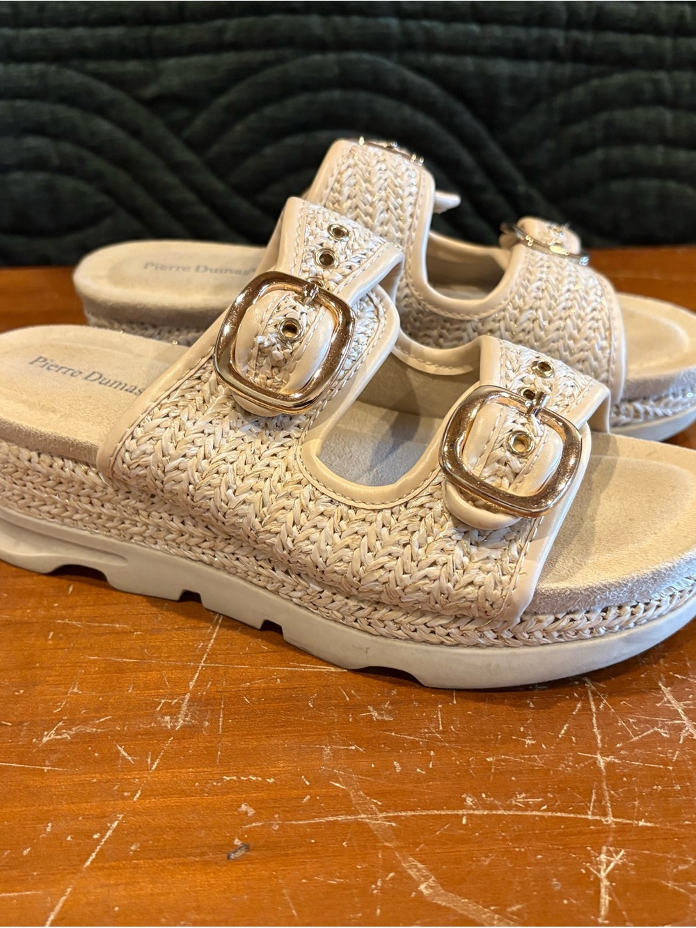 Pierre Dumas Beige Woven Double Buckle Slide Sandals Size 4